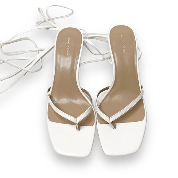 Ann Taylor White Leather Strappy Ankle Wrap Square Toe Sandal Heels Women’s 9.5M - Picture 6 of 12